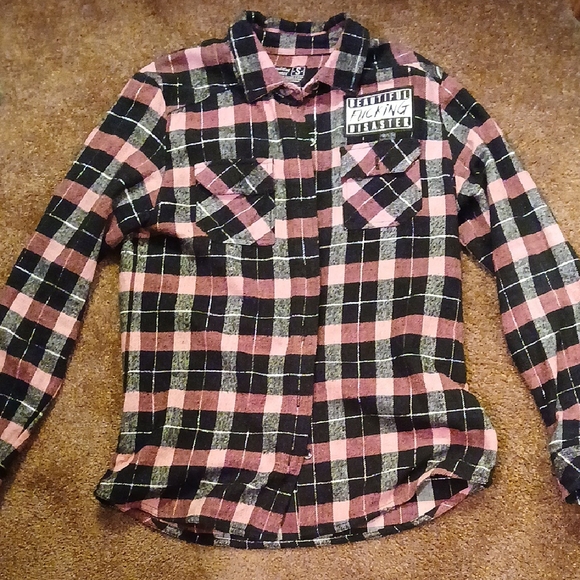 Beautiful Disaster Tops - Trendy Plaid Button Down Shirt - Pink and Black